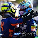 MONZA, ITALY - SEPTEMBER 12: Race winner Daniel Ricciardo of Australia and McLaren F1 and second placed Lando Norris of Great Britain and McLaren F1 celebrate in parc ferme during the F1 Grand Prix of Italy at Autodromo di Monza on September 12, 2021 in Monza, Italy. (Photo by Dan Istitene - Formula 1/Formula 1 via Getty Images)