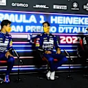 MONZA, ITALY - SEPTEMBER 12: Race winner Daniel Ricciardo of Australia and McLaren F1, second placed Lando Norris of Great Britain and McLaren F1 and third placed Valtteri Bottas of Finland and Mercedes GP talk in the press conference after the F1 Grand Prix of Italy at Autodromo di Monza on September 12, 2021 in Monza, Italy. (Photo by Rudy Carezzevoli/Getty Images)