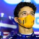 MONZA, ITALY - SEPTEMBER 12: Second placed Lando Norris of Great Britain and McLaren F1 talks in the press conference after the F1 Grand Prix of Italy at Autodromo di Monza on September 12, 2021 in Monza, Italy. (Photo by Rudy Carezzevoli/Getty Images)