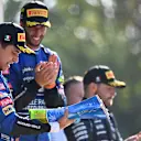MONZA, ITALY - SEPTEMBER 12: Second placed Lando Norris of Great Britain and McLaren F1 celebrates on the podium during the F1 Grand Prix of Italy at Autodromo di Monza on September 12, 2021 in Monza, Italy. (Photo by Clive Mason - Formula 1/Formula 1 via Getty Images)