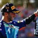 MONZA, ITALY - SEPTEMBER 12: Race winner Daniel Ricciardo of Australia and McLaren F1 celebrates on the podium during the F1 Grand Prix of Italy at Autodromo di Monza on September 12, 2021 in Monza, Italy. (Photo by Dan Istitene - Formula 1/Formula 1 via Getty Images)