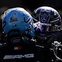 MEXICO CITY, MEXICO - NOVEMBER 06: Pole position qualifier Valtteri Bottas of Finland and Mercedes GP and second place qualifier Lewis Hamilton of Great Britain and Mercedes GP celebrate in parc ferme during qualifying ahead of the F1 Grand Prix of Mexico at Autodromo Hermanos Rodriguez on November 06, 2021 in Mexico City, Mexico. (Photo by Clive Mason/Getty Images)