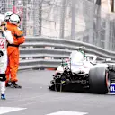MONTE-CARLO, MONACO - MAY 22: Mick Schumacher of Germany and Haas F1 walks away from his car after crashing during final practice prior to the F1 Grand Prix of Monaco at Circuit de Monaco on May 22, 2021 in Monte-Carlo, Monaco. (Photo by Lars Baron/Getty Images)