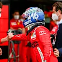 MONTE-CARLO, MONACO - MAY 22: Charles Leclerc of Ferrari and France is congratulated by Mattia Binotto of Italy and Ferrari during practice/qualifying ahead of the F1 Grand Prix of Monaco at Circuit de Monaco on May 22, 2021 in Monte-Carlo, Monaco. (Photo by Peter Fox/Getty Images)