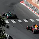 MONTE-CARLO, MONACO - MAY 23: Sergio Perez of Mexico driving the (11) Red Bull Racing RB16B Honda follows Sebastian Vettel of Germany driving the (5) Aston Martin AMR21 Mercedes during the F1 Grand Prix of Monaco at Circuit de Monaco on May 23, 2021 in Monte-Carlo, Monaco. (Photo by Clive Rose - Formula 1/Formula 1 via Getty Images)