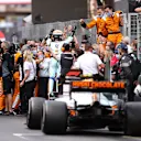 MONTE-CARLO, MONACO - MAY 23: Third placed Lando Norris of Great Britain and McLaren F1 celebrates with his team in parc ferme during the F1 Grand Prix of Monaco at Circuit de Monaco on May 23, 2021 in Monte-Carlo, Monaco. (Photo by Lars Baron/Getty Images)