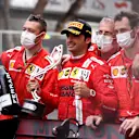 MONTE-CARLO, MONACO - MAY 23: Second placed Carlos Sainz of Spain and Ferrari celebrates with his team in parc ferme during the F1 Grand Prix of Monaco at Circuit de Monaco on May 23, 2021 in Monte-Carlo, Monaco. (Photo by Lars Baron/Getty Images)