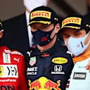 MONTE-CARLO, MONACO - MAY 23: Race winner Max Verstappen of Netherlands and Red Bull Racing, second placed Carlos Sainz of Spain and Ferrari and third placed Lando Norris of Great Britain and McLaren F1 celebrate on the podium during the F1 Grand Prix of Monaco at Circuit de Monaco on May 23, 2021 in Monte-Carlo, Monaco. (Photo by Joe Portlock - Formula 1/Formula 1 via Getty Images)