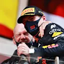 MONTE-CARLO, MONACO - MAY 23: Race winner Max Verstappen of Netherlands and Red Bull Racing and Adrian Newey, the Chief Technical Officer of Red Bull Racing celebrate on the podium during the F1 Grand Prix of Monaco at Circuit de Monaco on May 23, 2021 in Monte-Carlo, Monaco. (Photo by Mark Thompson/Getty Images)