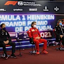 PORTIMAO, PORTUGAL - APRIL 30: Toyoharu Tanabe of Honda, Laurent Mekies, Scuderia Ferrari Sporting Director and Marcin Budkowski, Executive Director of Alpine F1 Team talk in the Team Principals Press Conference during practice ahead of the F1 Grand Prix of Portugal at Autodromo Internacional Do Algarve on April 30, 2021 in Portimao, Portugal. (Photo by Lars Baron/Getty Images)