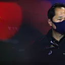 PORTIMAO, PORTUGAL - APRIL 30: Toyoharu Tanabe of Honda and Scuderia AlphaTauri talks in the Team Principals Press Conference during practice ahead of the F1 Grand Prix of Portugal at Autodromo Internacional Do Algarve on April 30, 2021 in Portimao, Portugal. (Photo by Lars Baron/Getty Images)