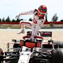 PORTIMAO, PORTUGAL - MAY 02: Kimi Raikkonen of Finland and Alfa Romeo Racing climbs out of his car after stopping in the gravel during the F1 Grand Prix of Portugal at Autodromo Internacional Do Algarve on May 02, 2021 in Portimao, Portugal. (Photo by Bryn Lennon/Getty Images)
