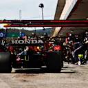 PORTIMAO, PORTUGAL - MAY 02: Sergio Perez of Mexico driving the (11) Red Bull Racing RB16B Honda makes a pitstop during the F1 Grand Prix of Portugal at Autodromo Internacional Do Algarve on May 02, 2021 in Portimao, Portugal. (Photo by Mark Thompson/Getty Images)