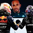 PORTIMAO, PORTUGAL - MAY 02: Race winner Lewis Hamilton of Great Britain and Mercedes GP interacts with second placed Max Verstappen of Netherlands and Red Bull Racing in parc ferme after the F1 Grand Prix of Portugal at Autodromo Internacional Do Algarve on May 02, 2021 in Portimao, Portugal. (Photo by Gabriel Bouys - Pool/Getty Images)