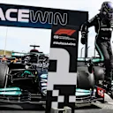 PORTIMAO, PORTUGAL - MAY 02: Race winner Lewis Hamilton of Great Britain and Mercedes GP celebrates in parc ferme after the F1 Grand Prix of Portugal at Autodromo Internacional Do Algarve on May 02, 2021 in Portimao, Portugal. (Photo by Gabriel Bouys - Pool/Getty Images)