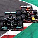 PORTIMAO, PORTUGAL - MAY 02: Lewis Hamilton of Great Britain driving the (44) Mercedes AMG Petronas F1 Team Mercedes W12 leads Max Verstappen of the Netherlands driving the (33) Red Bull Racing RB16B Honda on track during the F1 Grand Prix of Portugal at Autodromo Internacional Do Algarve on May 02, 2021 in Portimao, Portugal. (Photo by Lars Baron/Getty Images)