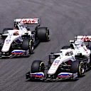 PORTIMAO, PORTUGAL - MAY 02: Mick Schumacher of Germany driving the (47) Haas F1 Team VF-21 Ferrari leads Nikita Mazepin of Russia driving the (9) Haas F1 Team VF-21 Ferrari on track during the F1 Grand Prix of Portugal at Autodromo Internacional Do Algarve on May 02, 2021 in Portimao, Portugal. (Photo by Lars Baron/Getty Images)