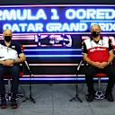 DOHA, QATAR - NOVEMBER 19: Scuderia AlphaTauri Team Principal Franz Tost and Alfa Romeo Racing Team Principal Frederic Vasseur talk in the Team Principals Press Conference during practice ahead of the F1 Grand Prix of Qatar at Losail International Circuit on November 19, 2021 in Doha, Qatar. (Photo by Dan Istitene/Getty Images)