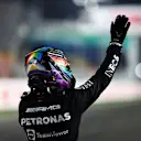 DOHA, QATAR - NOVEMBER 21: Race winner Lewis Hamilton of Great Britain and Mercedes GP celebrates in parc ferme during the F1 Grand Prix of Qatar at Losail International Circuit on November 21, 2021 in Doha, Qatar. (Photo by Dan Istitene - Formula 1/Formula 1 via Getty Images)