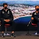 SOCHI, RUSSIA - SEPTEMBER 24: Mercedes GP Executive Director Toto Wolff and Red Bull Racing Team Principal Christian Horner talk in the Team Principals Press Conference during practice ahead of the F1 Grand Prix of Russia at Sochi Autodrom on September 24, 2021 in Sochi, Russia. (Photo by XPB - Pool/Getty Images)