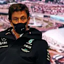 SOCHI, RUSSIA - SEPTEMBER 24: Mercedes GP Executive Director Toto Wolff talks in the Team Principals Press Conference during practice ahead of the F1 Grand Prix of Russia at Sochi Autodrom on September 24, 2021 in Sochi, Russia. (Photo by XPB - Pool/Getty Images)