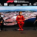 SOCHI, RUSSIA - SEPTEMBER 24: Toyoharu Tanabe of Honda, Laurent Mekies, Scuderia Ferrari Sporting Director and Marcin Budkowski, Executive Director of Alpine F1 Team talk in the Team Principals Press Conference during practice ahead of the F1 Grand Prix of Russia at Sochi Autodrom on September 24, 2021 in Sochi, Russia. (Photo by XPB - Pool/Getty Images)