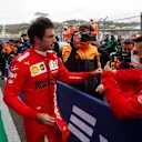 SOCHI, RUSSIA - SEPTEMBER 25: Second place qualifier Carlos Sainz of Spain and Ferrari celebrates in parc ferme during qualifying ahead of the F1 Grand Prix of Russia at Sochi Autodrom on September 25, 2021 in Sochi, Russia. (Photo by Yuri Kochetkov - Pool/Getty Images)
