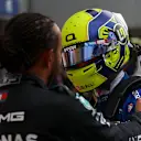 SOCHI, RUSSIA - SEPTEMBER 26: Race winner Lewis Hamilton of Great Britain and Mercedes GP hugs Lando Norris of Great Britain and McLaren F1 in parc ferme during the F1 Grand Prix of Russia at Sochi Autodrom on September 26, 2021 in Sochi, Russia. (Photo by Dan Istitene - Formula 1/Formula 1 via Getty Images)
