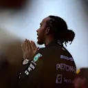 SOCHI, RUSSIA - SEPTEMBER 26: Race winner Lewis Hamilton of Great Britain and Mercedes GP celebrates on the podium during the F1 Grand Prix of Russia at Sochi Autodrom on September 26, 2021 in Sochi, Russia. (Photo by Mario Renzi - Formula 1/Formula 1 via Getty Images)