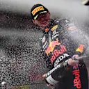 SOCHI, RUSSIA - SEPTEMBER 26: Second placed Max Verstappen of Netherlands and Red Bull Racing celebrates on the podium during the F1 Grand Prix of Russia at Sochi Autodrom on September 26, 2021 in Sochi, Russia. (Photo by Mario Renzi - Formula 1/Formula 1 via Getty Images)