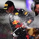 SOCHI, RUSSIA - SEPTEMBER 26: Second placed Max Verstappen of Netherlands and Red Bull Racing celebrates on the podium during the F1 Grand Prix of Russia at Sochi Autodrom on September 26, 2021 in Sochi, Russia. (Photo by Mario Renzi - Formula 1/Formula 1 via Getty Images)