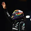 JEDDAH, SAUDI ARABIA - DECEMBER 04: Pole position qualifier Lewis Hamilton of Great Britain and Mercedes GP celebrates in parc ferme during qualifying ahead of the F1 Grand Prix of Saudi Arabia at Jeddah Corniche Circuit on December 04, 2021 in Jeddah, Saudi Arabia. (Photo by Bryn Lennon - Formula 1/Formula 1 via Getty Images)