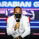 JEDDAH, SAUDI ARABIA - DECEMBER 04: Pole position qualifier Lewis Hamilton of Great Britain and Mercedes GP talks in the press conference after qualifying ahead of the F1 Grand Prix of Saudi Arabia at Jeddah Corniche Circuit on December 04, 2021 in Jeddah, Saudi Arabia. (Photo by Florent Gooden - Pool/Getty Images)