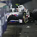JEDDAH, SAUDI ARABIA - DECEMBER 05: Mick Schumacher of Germany driving the (47) Haas F1 Team VF-21 Ferrari crashes during the F1 Grand Prix of Saudi Arabia at Jeddah Corniche Circuit on December 05, 2021 in Jeddah, Saudi Arabia. (Photo by Peter Fox/Getty Images)