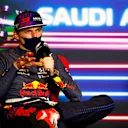 JEDDAH, SAUDI ARABIA - DECEMBER 05: Second placed Max Verstappen of Netherlands and Red Bull Racing talks in the press conference after the F1 Grand Prix of Saudi Arabia at Jeddah Corniche Circuit on December 05, 2021 in Jeddah, Saudi Arabia. (Photo by Sam Bloxham - Pool/Getty Images)
