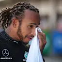 BARCELONA, SPAIN - MAY 08: Pole position qualifier Lewis Hamilton of Great Britain and Mercedes GP reacts in parc ferme during qualifying for the F1 Grand Prix of Spain at Circuit de Barcelona-Catalunya on May 08, 2021 in Barcelona, Spain. (Photo by Emilio Morenatti - Pool/Getty Images)