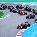 BARCELONA, SPAIN - MAY 09: Max Verstappen of the Netherlands driving the (33) Red Bull Racing RB16B Honda leads the field during the F1 Grand Prix of Spain at Circuit de Barcelona-Catalunya on May 09, 2021 in Barcelona, Spain. (Photo by Bryn Lennon/Getty Images)