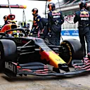 BARCELONA, SPAIN - MAY 09: Sergio Perez of Mexico driving the (11) Red Bull Racing RB16B Honda makes a pitstop during the F1 Grand Prix of Spain at Circuit de Barcelona-Catalunya on May 09, 2021 in Barcelona, Spain. (Photo by Mark Thompson/Getty Images)
