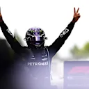 BARCELONA, SPAIN - MAY 09: Race winner Lewis Hamilton of Great Britain and Mercedes GP celebrates in parc ferme during the F1 Grand Prix of Spain at Circuit de Barcelona-Catalunya on May 09, 2021 in Barcelona, Spain. (Photo by Mario Renzi - Formula 1/Formula 1 via Getty Images)