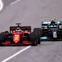 BARCELONA, SPAIN - MAY 09: Charles Leclerc of Monaco driving the (16) Scuderia Ferrari SF21 leads Valtteri Bottas of Finland driving the (77) Mercedes AMG Petronas F1 Team Mercedes W12 on track during the F1 Grand Prix of Spain at Circuit de Barcelona-Catalunya on May 09, 2021 in Barcelona, Spain. (Photo by Lars Baron/Getty Images)