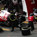 BARCELONA, SPAIN - MAY 09: Antonio Giovinazzi of Italy driving the (99) Alfa Romeo Racing C41 Ferrari makes a pitstop during the F1 Grand Prix of Spain at Circuit de Barcelona-Catalunya on May 09, 2021 in Barcelona, Spain. (Photo by Joe Portlock - Formula 1/Formula 1 via Getty Images)