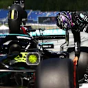 SPIELBERG, AUSTRIA - JUNE 26: Third place qualifier Lewis Hamilton of Great Britain and Mercedes GP inspects his car in parc ferme during qualifying ahead of the F1 Grand Prix of Styria at Red Bull Ring on June 26, 2021 in Spielberg, Austria. (Photo by Dan Istitene - Formula 1/Formula 1 via Getty Images)