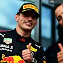 SPIELBERG, AUSTRIA - JUNE 27: Race winner Max Verstappen of Netherlands and Red Bull Racing celebrates on the podium during the F1 Grand Prix of Styria at Red Bull Ring on June 27, 2021 in Spielberg, Austria. (Photo by Mario Renzi - Formula 1/Formula 1 via Getty Images)