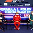 ISTANBUL, TURKEY - OCTOBER 08: Scuderia AlphaTauri Team Principal Franz Tost, Laurent Mekies, Scuderia Ferrari Sporting Director, and Otmar Szafnauer, Team Principal and Chief Executive Officer of Aston Martin F1 Team talk in the Team Principals Press Conference during practice ahead of the F1 Grand Prix of Turkey at Intercity Istanbul Park on October 08, 2021 in Istanbul, Turkey. (Photo by Dan Istitene/Getty Images)