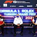 ISTANBUL, TURKEY - OCTOBER 08: Alfa Romeo Racing Team Principal Frederic Vasseur, Haas F1 Team Principal Guenther Steiner and Jost Capito, CEO of Williams F1 talk in the Team Principals Press Conference during practice ahead of the F1 Grand Prix of Turkey at Intercity Istanbul Park on October 08, 2021 in Istanbul, Turkey. (Photo by Dan Istitene/Getty Images)