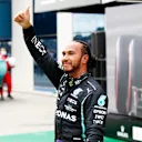 ISTANBUL, TURKEY - OCTOBER 09: Pole position qualifier Lewis Hamilton of Great Britain and Mercedes GP celebrates in parc ferme during qualifying ahead of the F1 Grand Prix of Turkey at Intercity Istanbul Park on October 09, 2021 in Istanbul, Turkey. (Photo by Umit Bektas - Pool/Getty Images)