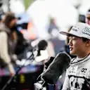ISTANBUL, TURKEY - OCTOBER 09: Yuki Tsunoda of Scuderia AlphaTauri and Japan talking to the media  during qualifying ahead of the F1 Grand Prix of Turkey at Intercity Istanbul Park on October 09, 2021 in Istanbul, Turkey. (Photo by Peter Fox/Getty Images)