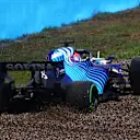 ISTANBUL, TURKEY - OCTOBER 09: George Russell of Great Britain driving the (63) Williams Racing FW43B Mercedes gets stuck in the gravel leading to a red flag during final practice ahead of the F1 Grand Prix of Turkey at Intercity Istanbul Park on October 09, 2021 in Istanbul, Turkey. (Photo by Dan Istitene - Formula 1/Formula 1 via Getty Images)