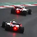 ISTANBUL, TURKEY - OCTOBER 10: Nikita Mazepin of Russia driving the (9) Haas F1 Team VF-21 Ferrari leads Mick Schumacher of Germany driving the (47) Haas F1 Team VF-21 Ferrari during the F1 Grand Prix of Turkey at Intercity Istanbul Park on October 10, 2021 in Istanbul, Turkey. (Photo by Dan Mullan/Getty Images)