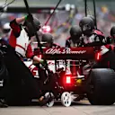 ISTANBUL, TURKEY - OCTOBER 10: Antonio Giovinazzi of Italy driving the (99) Alfa Romeo Racing C41 Ferrari makes a pitstop during the F1 Grand Prix of Turkey at Intercity Istanbul Park on October 10, 2021 in Istanbul, Turkey. (Photo by Peter Fox/Getty Images)